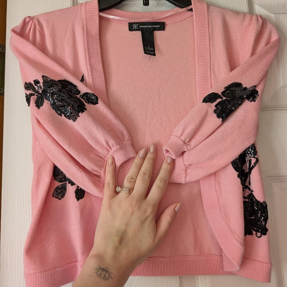 Rockabilly Macy's INC Pink Cardigan Shrug, Black Sequin Roses Women’s Small - Picture 5 of 7